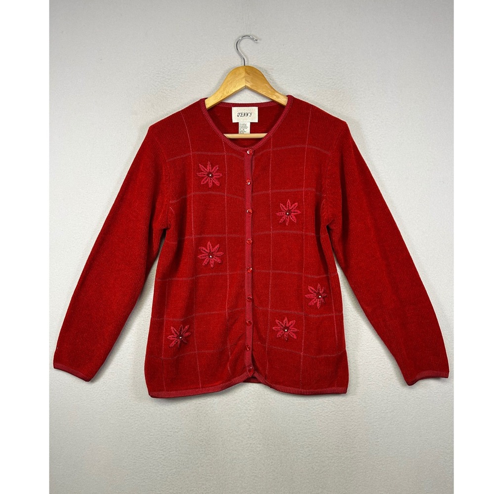 Holiday Festive Jenny Women Med Red Floral Embroidered Chenille Cardigan Sweater